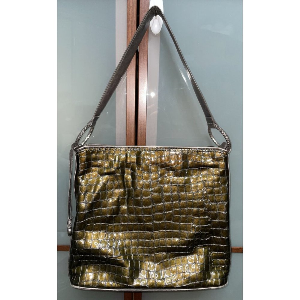 Brighton Cher Olive Green Khaki Croc Patent Leather Large Hobo Shoulder Bag